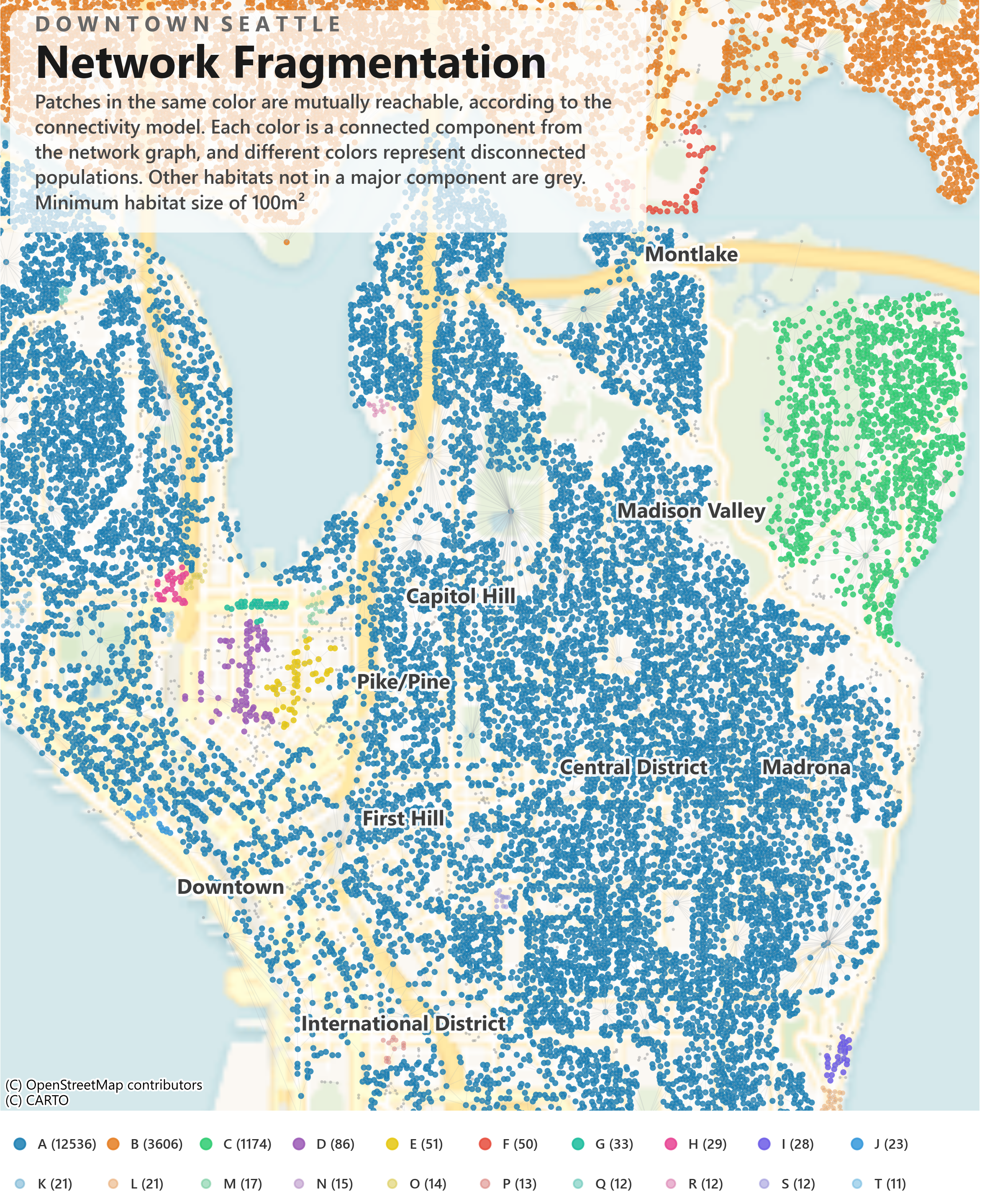 Downtown Seattle connected components, 100m² threshold