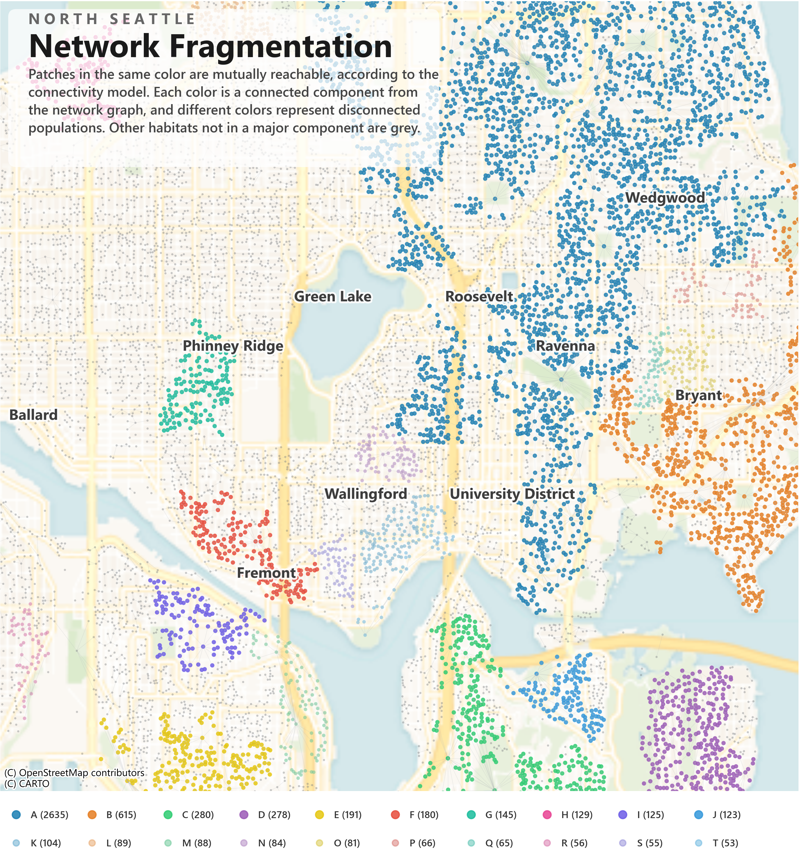 North Seattle connected components, 500m² threshold